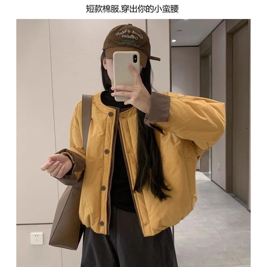 高端学院风撞色加厚外套女小个子2025秋冬季新款宽松保暖黄色棉衣
