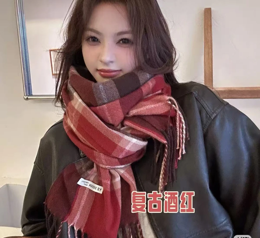 围巾/围巾/围巾韩系复古氛围感护肩百搭红色格子披肩