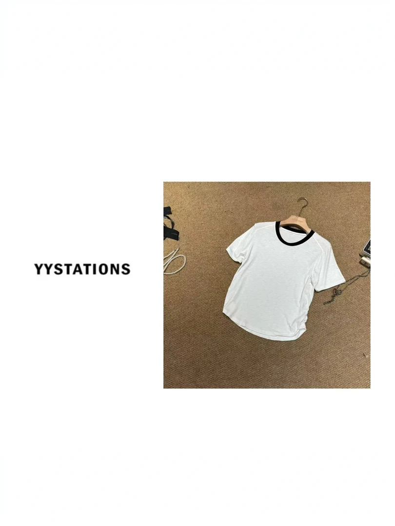 YYSTATIONS 抽褶收腰短袖修身显瘦弧形下摆撞色百搭上衣-318