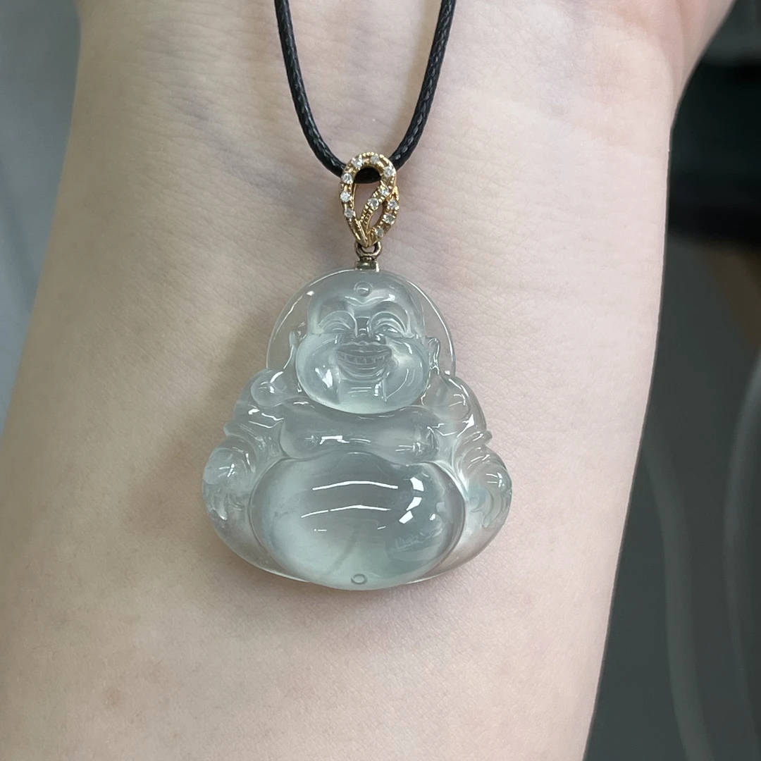 天然缅甸翡翠A货冰种晴水佛公精致女款翡翠佛公吊坠26.3/25/7.3