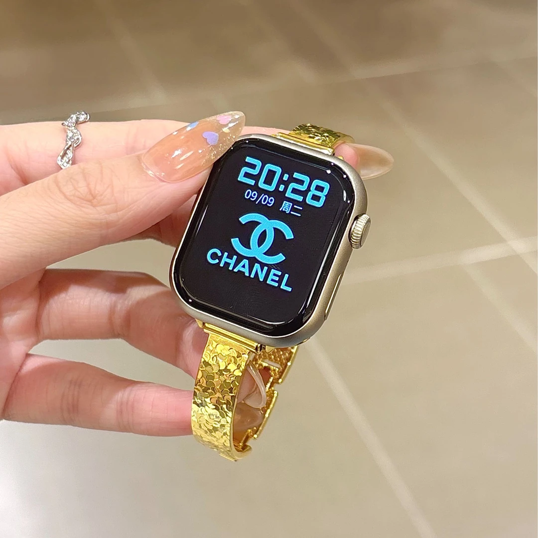 适用苹果Applewatchs11手表带纯铜金属腕带iWatch10碎冰纹9女款87