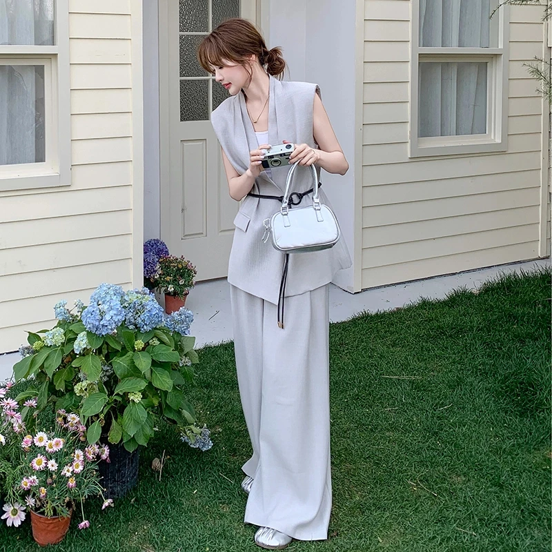 超火无袖西装马甲阔腿裤套装女2025新款夏季高级感洋气减龄两件套