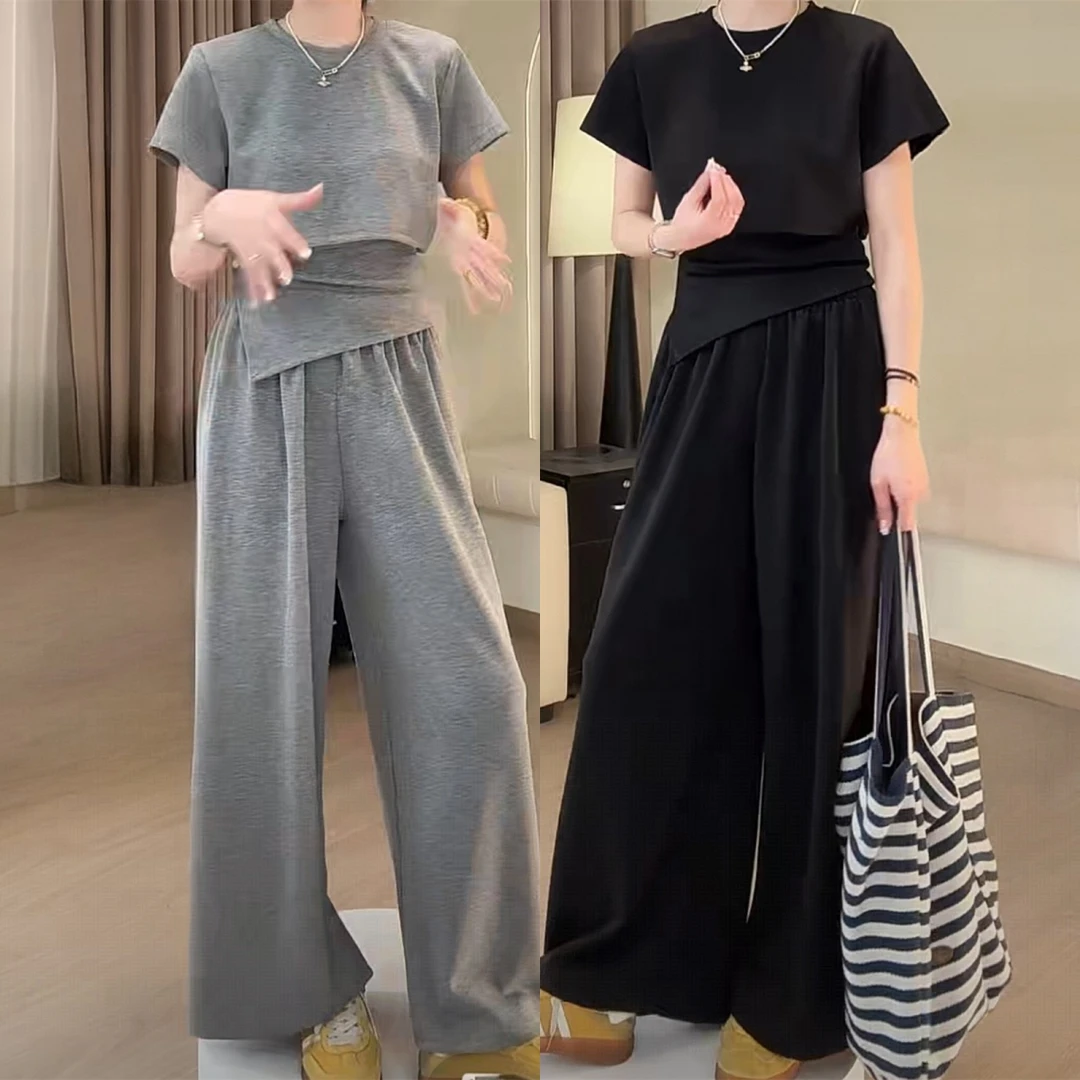 韩版时尚休闲减龄套装女2025夏季新款不规则短袖T恤阔腿裤两件套
