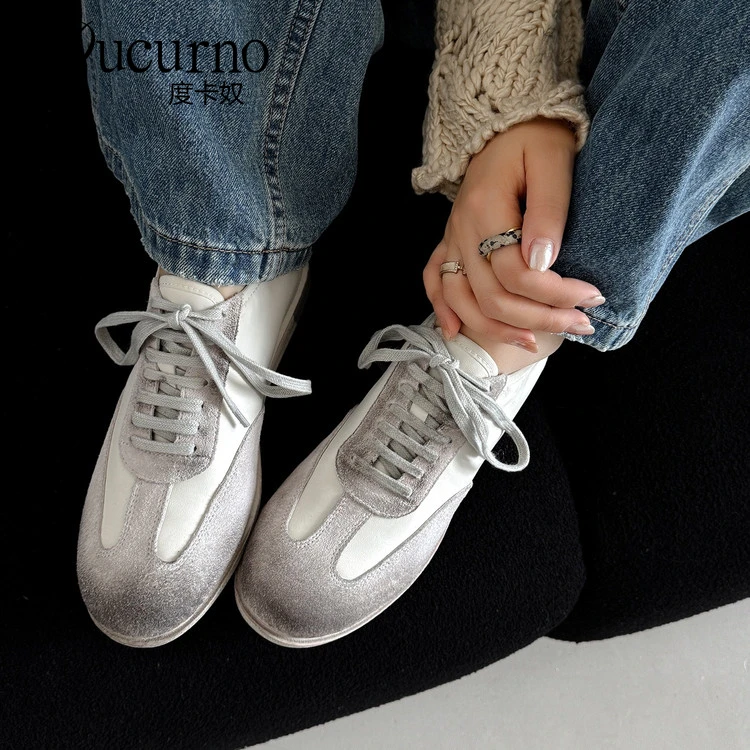 DUCURNO百搭擦色脏脏鞋休闲小白鞋女前系带平底德训鞋ins时尚板鞋