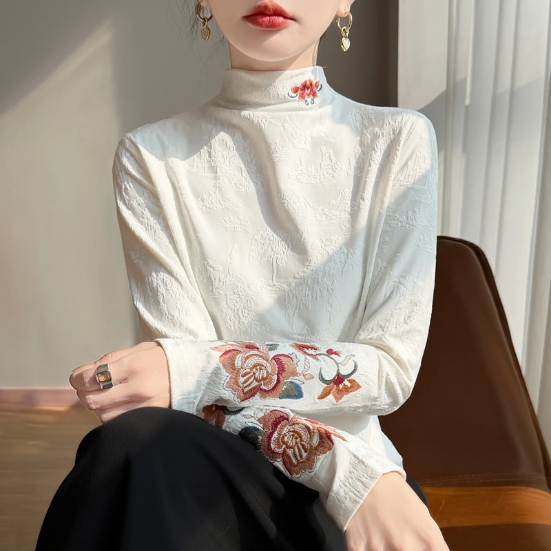 品牌新款国风女装秋冬新中式半高领刺绣提花针织衫内搭打底衫上衣