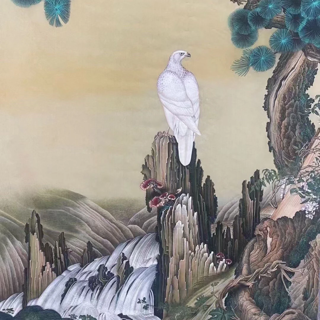精品临摹 绢本 嵩献英芝图 手绘国画