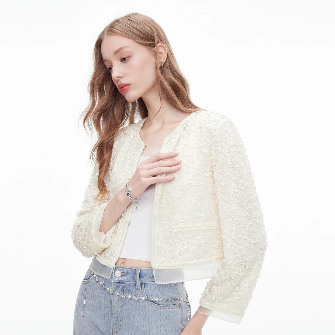 MISSCOCOON可可尼白色上衣女2025秋季新款小香风亮片小众短外套