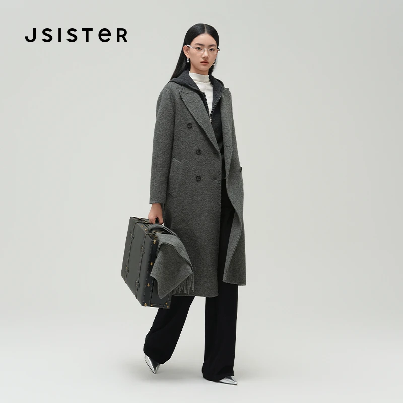 jsister 冬装新款 JS女装时尚灰色羊毛尼大衣 S444205144