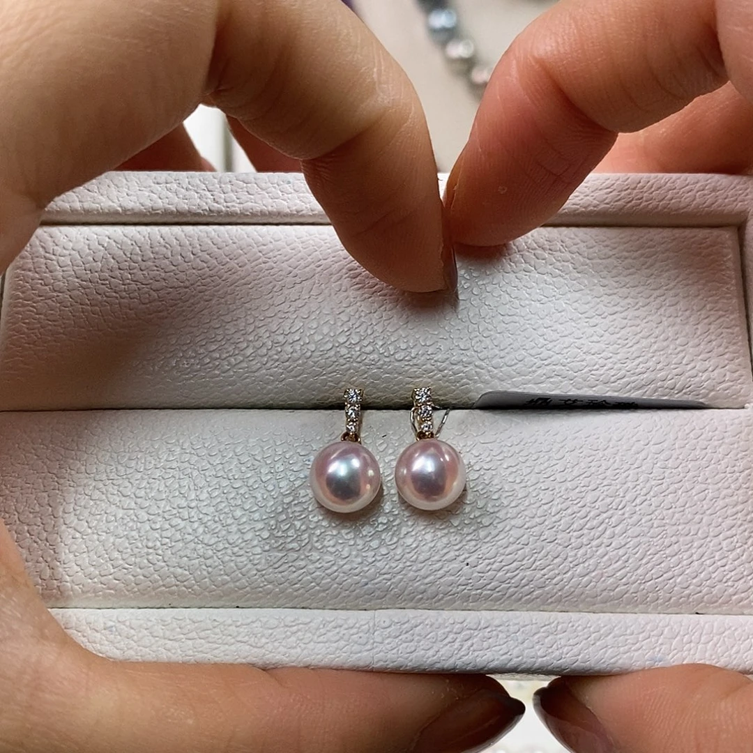 海水珍珠耳饰18K金镶嵌7-7.5m日本海水珍珠耳钉（天女品质）
