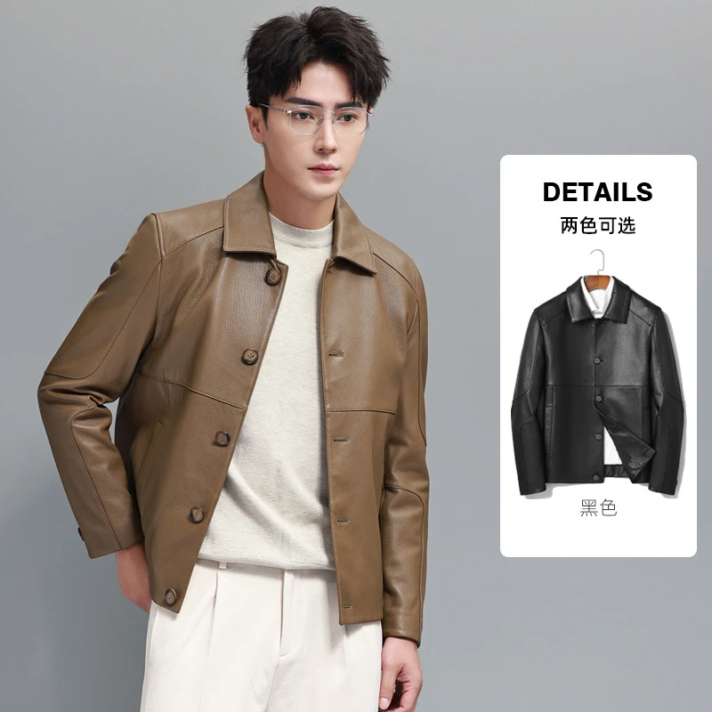 头层山羊皮真皮皮衣男士短款翻领海宁皮夹克秋季新款休闲外套