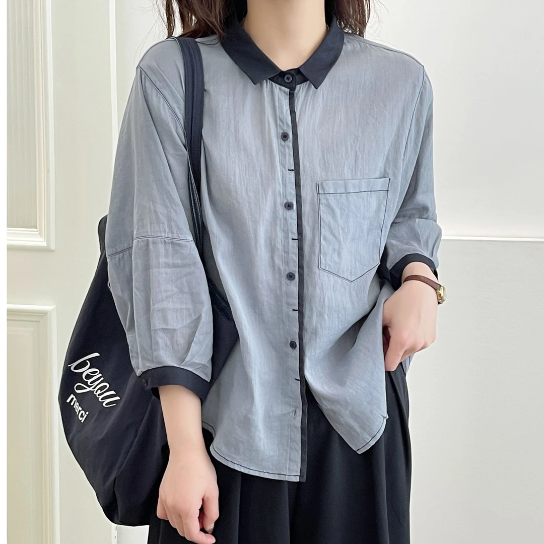 千百蔚时尚小众休闲拼接复古七分袖夏季文艺衬衫衬衣韩版百搭苎麻