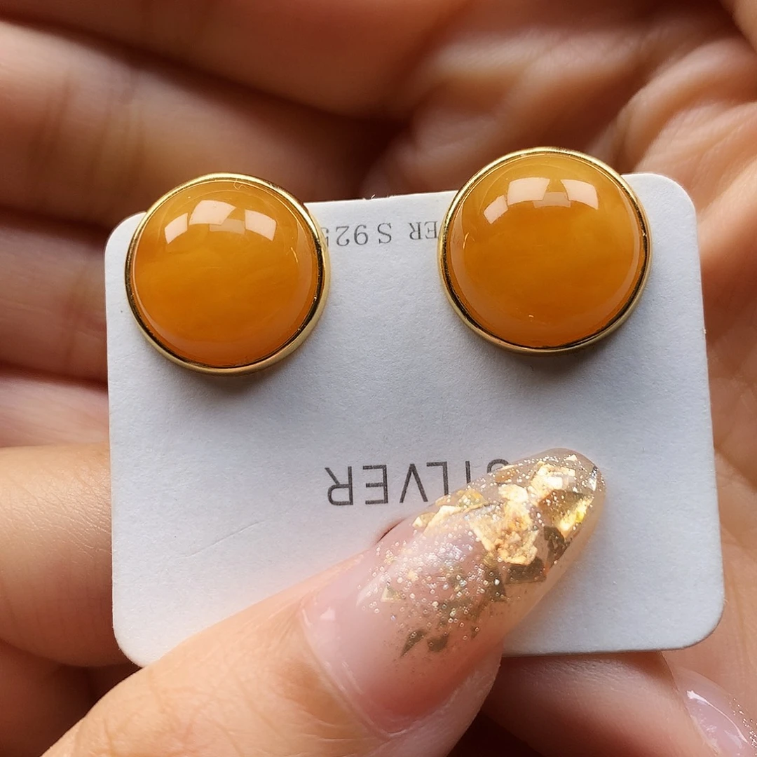 银S925镶嵌蜜蜡耳饰耳钉