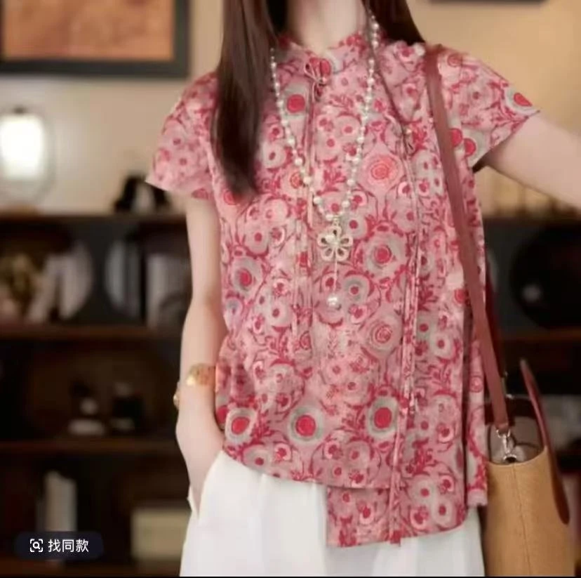 新中式国风短袖衬衫女装夏季新款高级感小衫宽松显瘦独特气质上衣