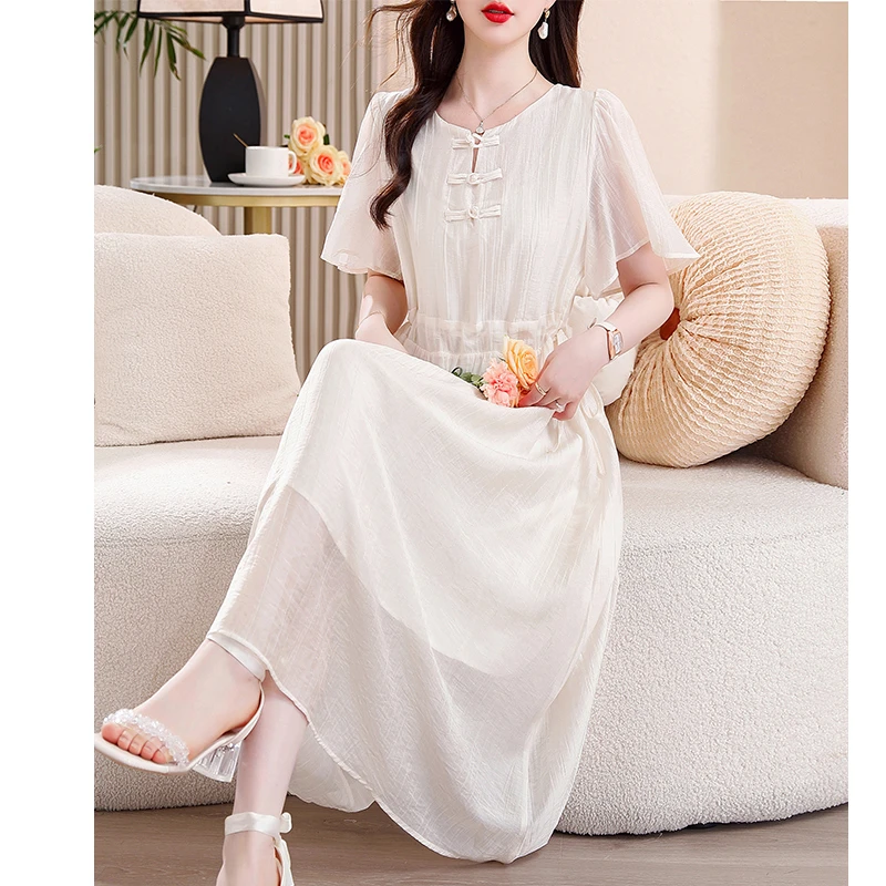 2025夏季新款时尚优雅中式盘口泡泡袖设计复古连衣裙长裙裙子9778