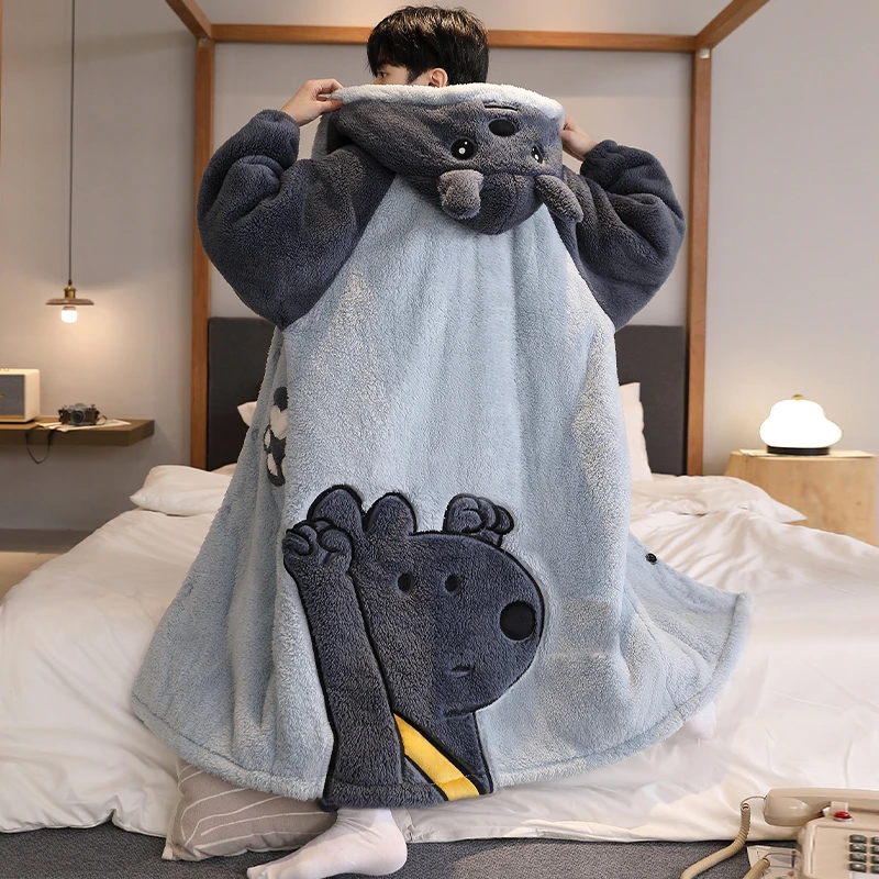 男士睡袍秋冬季加厚加绒珊瑚绒连帽大码睡袍长裤青少年法兰绒套装