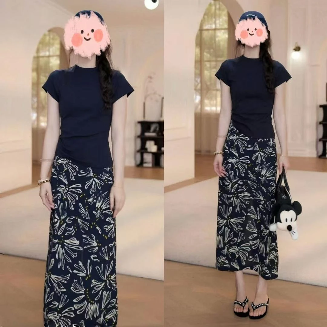 洋气衣服女2025夏季减龄显瘦短袖T恤上衣百搭大花半身裙气质套装