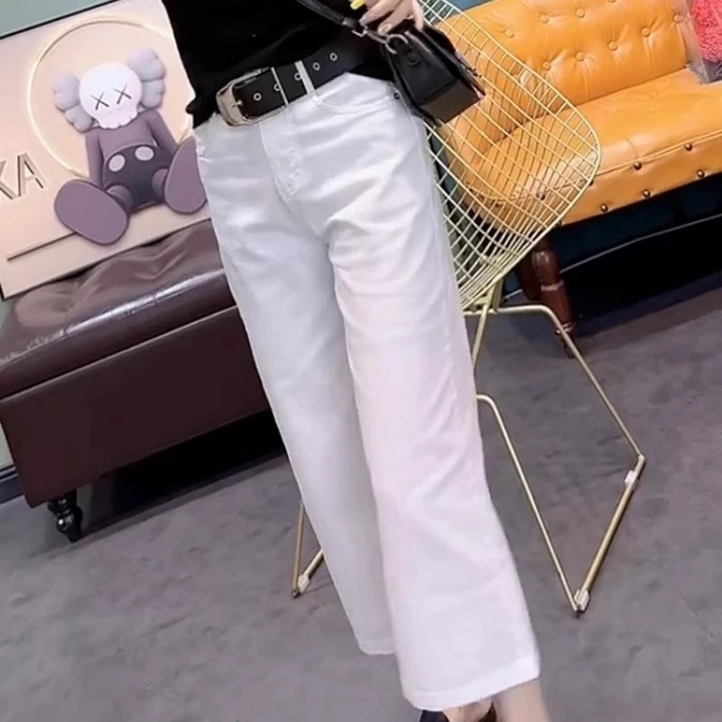 白色牛仔裤女春夏新款梨形身材大码高腰宽松显瘦直筒九分阔腿裤子