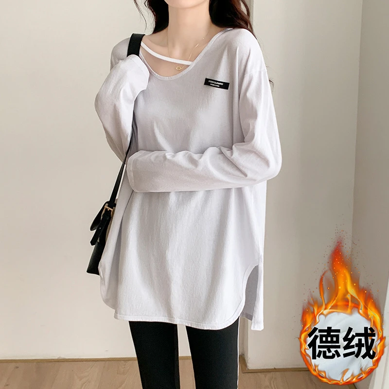 春夏纯棉软糯德绒白色打底衫女中长款内搭设计感小众长袖T恤女ins