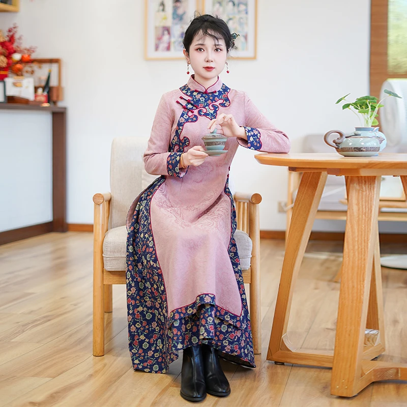 如意风中国风新款高级收腰显瘦奥黛改良旗袍气质长款连衣裙26R006