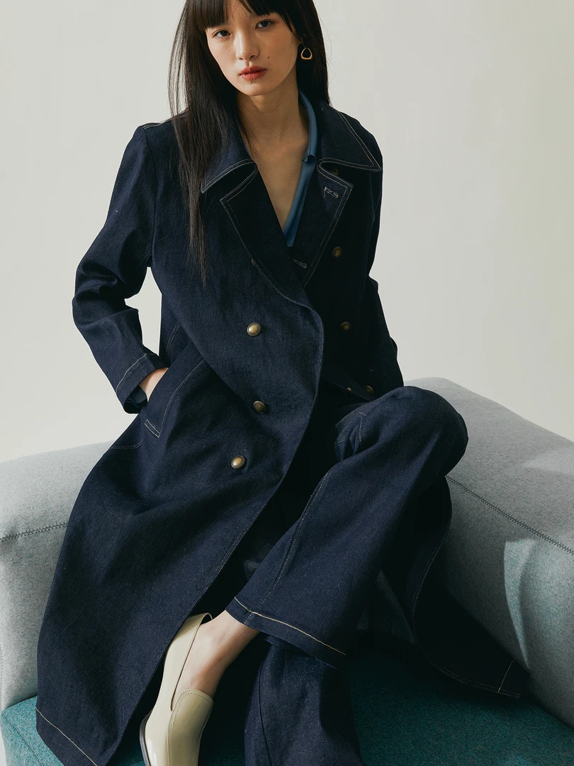 免熨烫重磅原色牛仔 复古明线设计感双排扣牛仔风衣外套