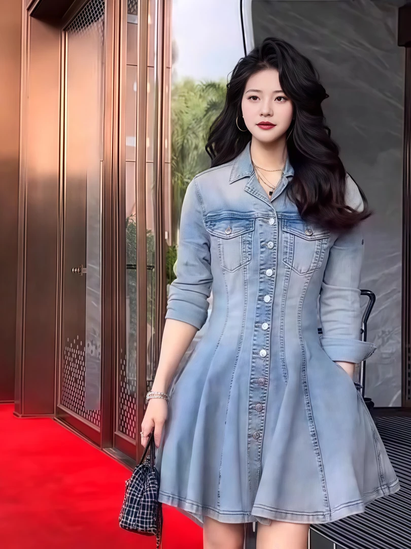 设计感长袖牛仔裙女2024年春装新款法式复古小个子收腰连衣裙