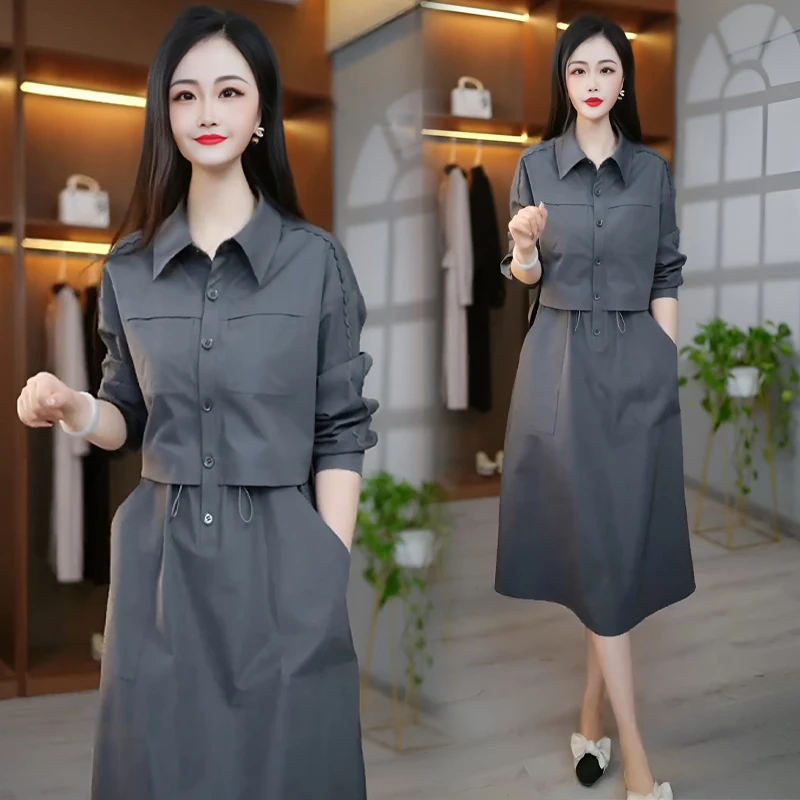 长袖高档工装风衣连衣裙女春秋时尚减龄收腰假两件衬衫领裙