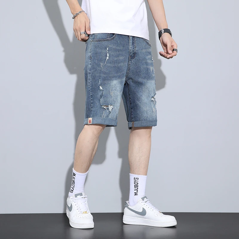 夏季薄款男士牛仔破洞裤子修身短裤韩版外穿户外潮流印花五分裤男