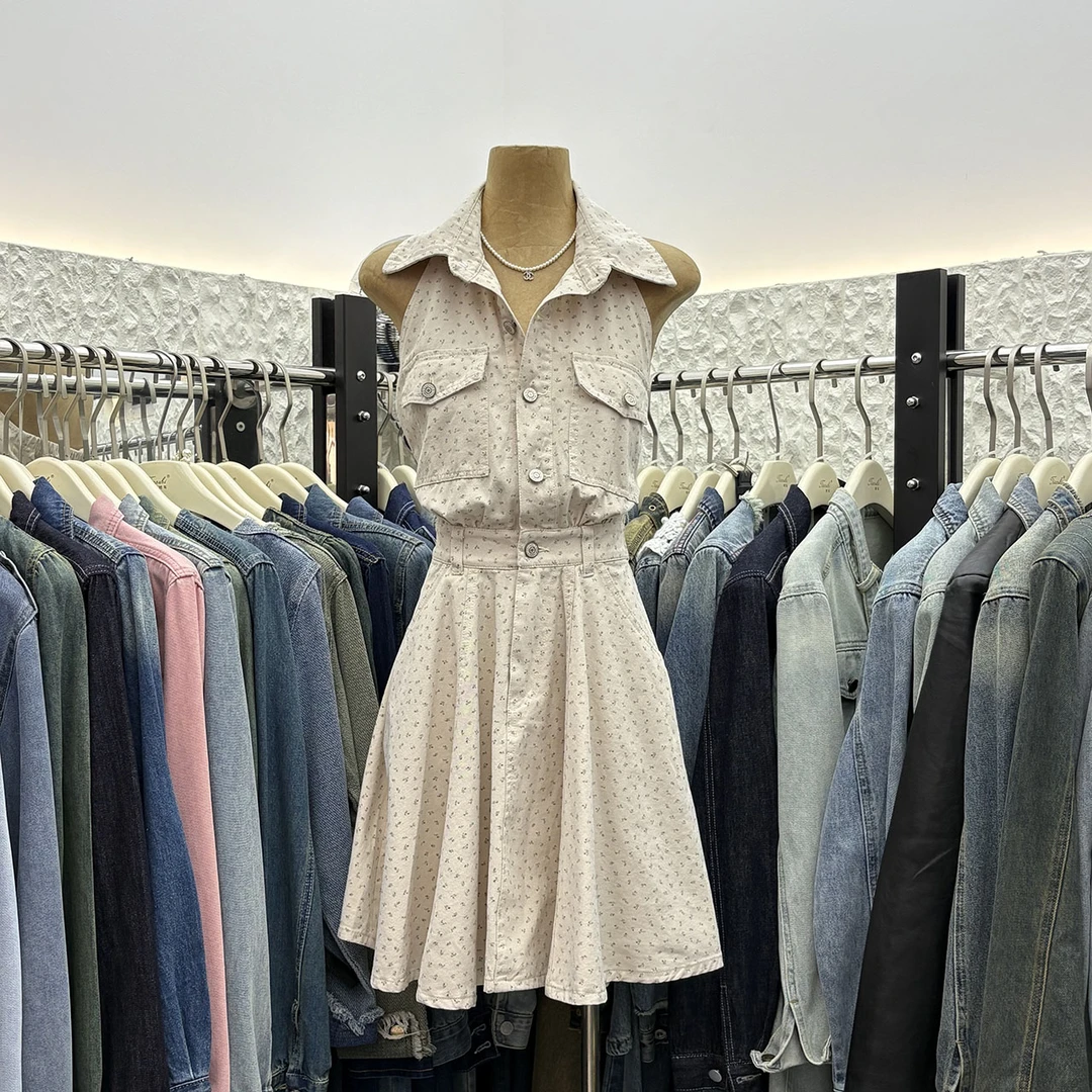 S8101夏季新款法式甜美风小清新碎花设计感减龄百搭挂脖连衣裙