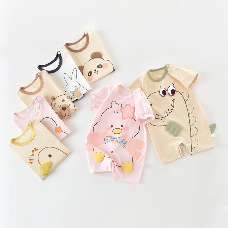 婴儿连体衣夏季薄款满月百天男女宝宝空调短袖短裤外出服棉夏装
