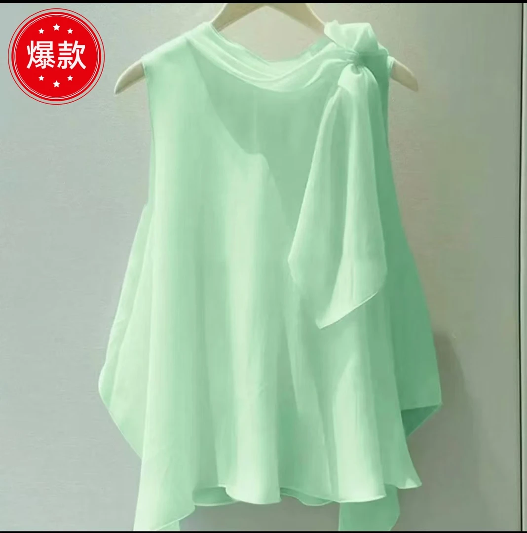 独特漂亮洋气高端别致小衫法式小上衣绿色无袖衬衫2025新款女夏季