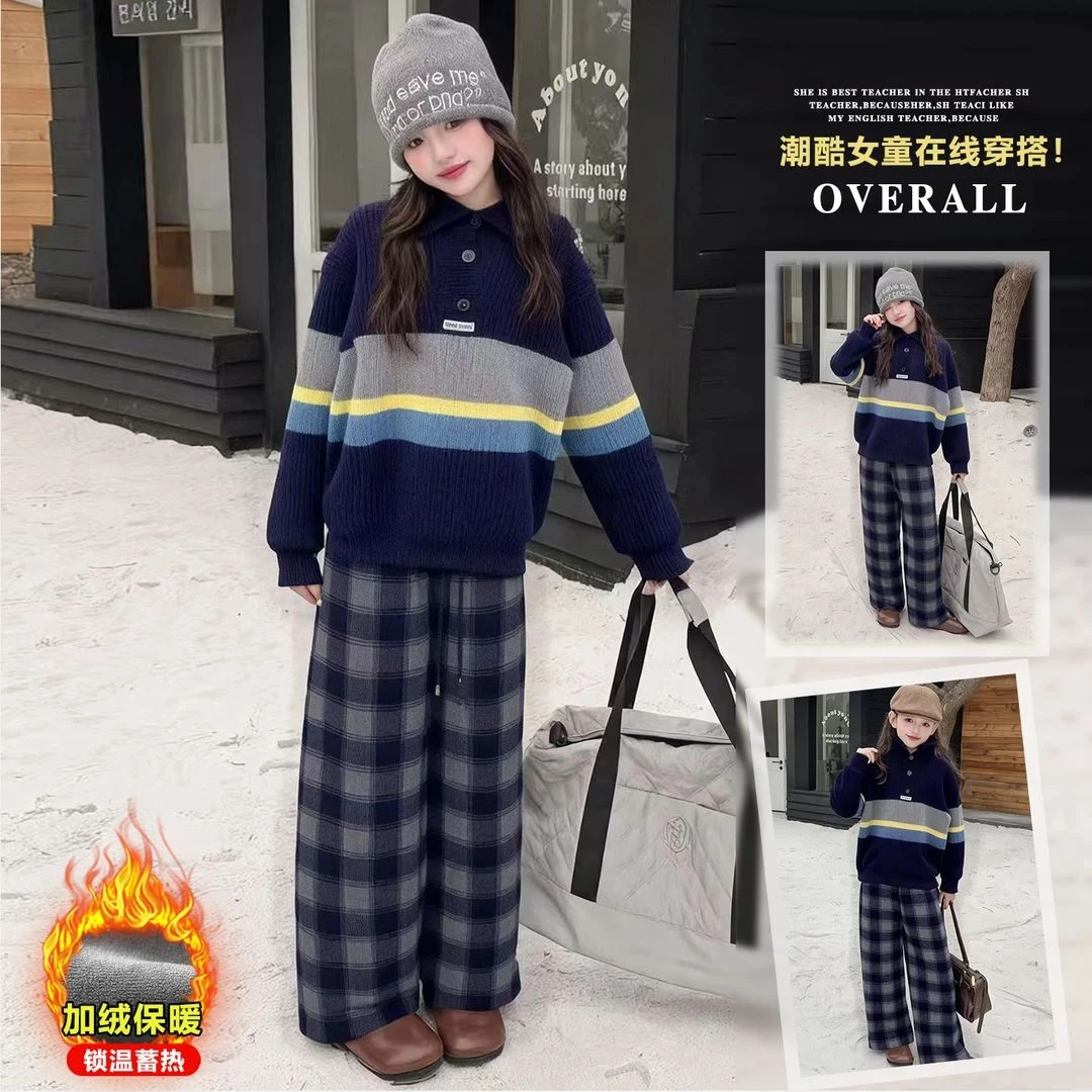 女童加绒阔腿裤秋冬款2025新款中大童休闲裤儿童女孩洋气加绒裤子