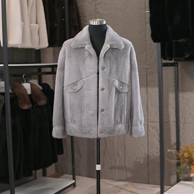 新款貂皮大衣男士整貂蓝宝石本色西装领短款水貂皮草外套时尚休闲