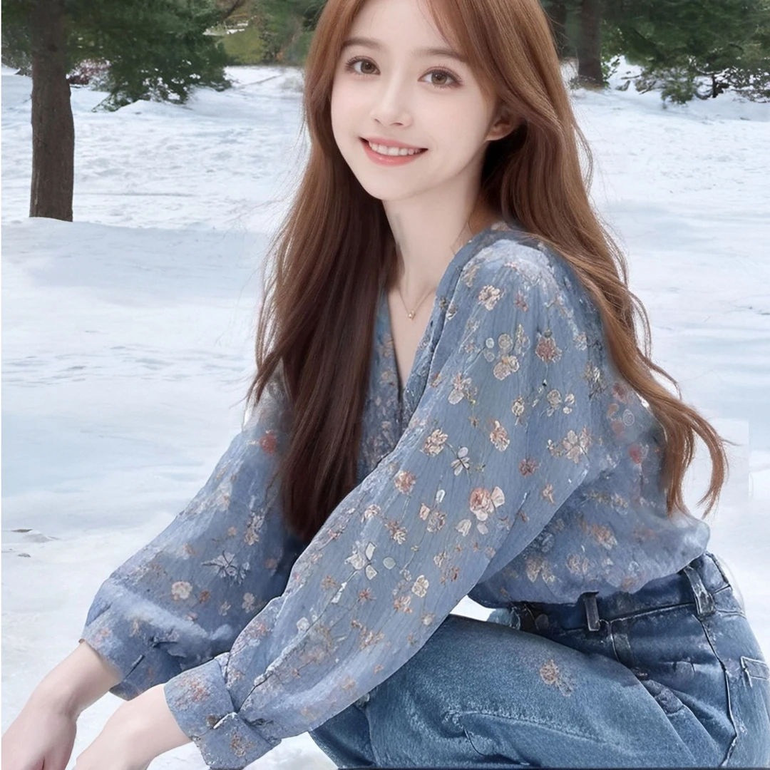 法式蓝色碎花长袖衬衫女士2025夏季新款绝美独特淑女气质减龄上衣