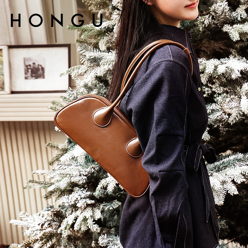 HONGU/红谷牛皮时尚复古洋气精致百搭时髦女士单肩包