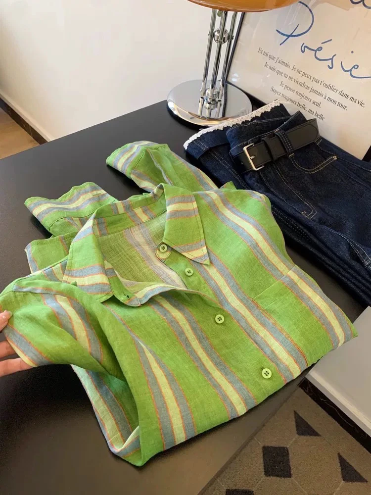 T夏季设计感新款单排扣拼色条纹衬衫女慵懒风防晒韩版长袖上衣