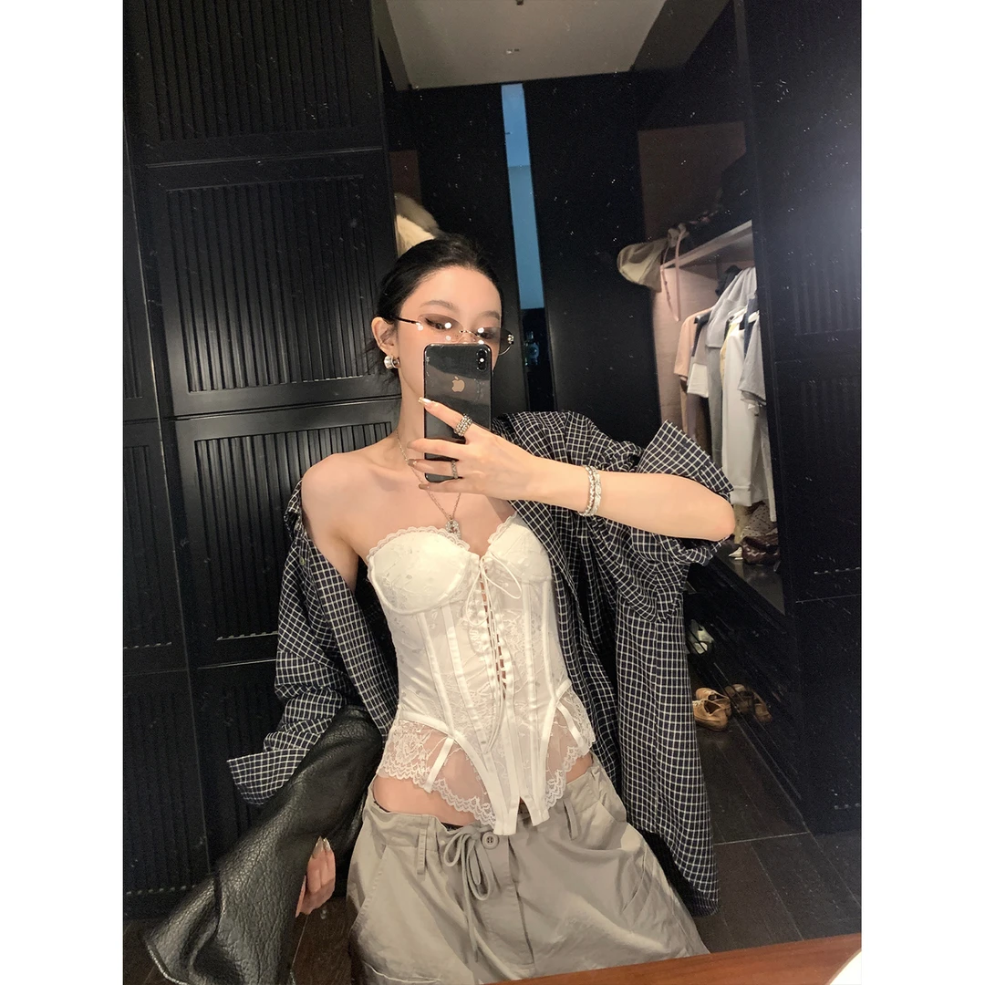 区区欧阳 蕾丝花边拼接网纱鱼骨胸衣衬衫女夏季外穿辣妹显瘦上衣