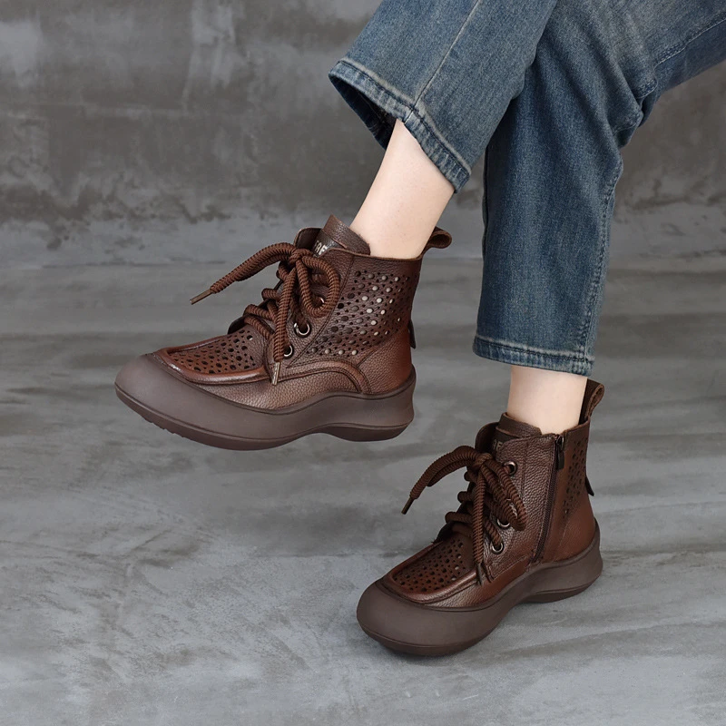 2025春新款头层牛皮文艺风透气镂空女靴时尚气质凉鞋休闲风女鞋