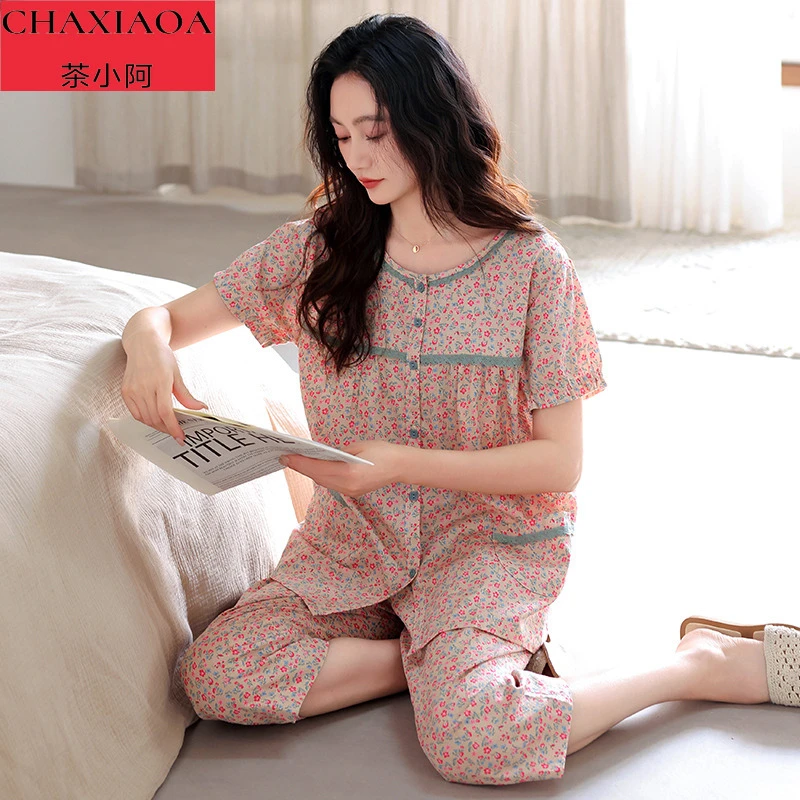 茶小阿新款梭织纯棉女士睡衣夏季短袖七分裤碎花薄款大码家居服