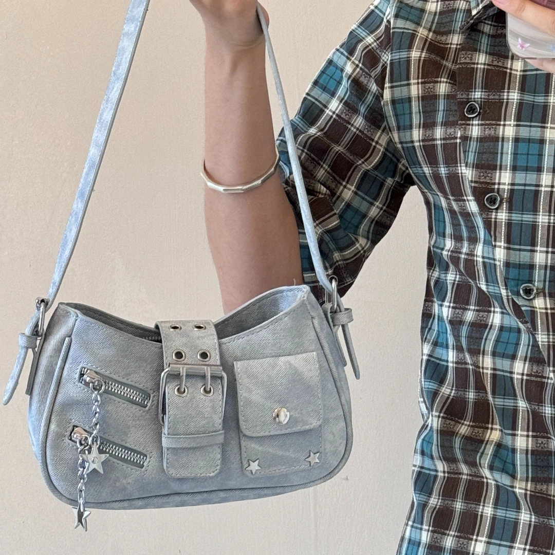 单肩包轻奢通勤风单肩托特包拉链女士夏季复古牛仔磁扣小众