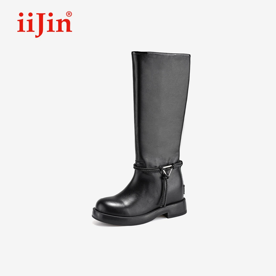 iiJin艾今25冬新品8cm厚底内增高简约搭扣真皮骑士长筒靴女594SND