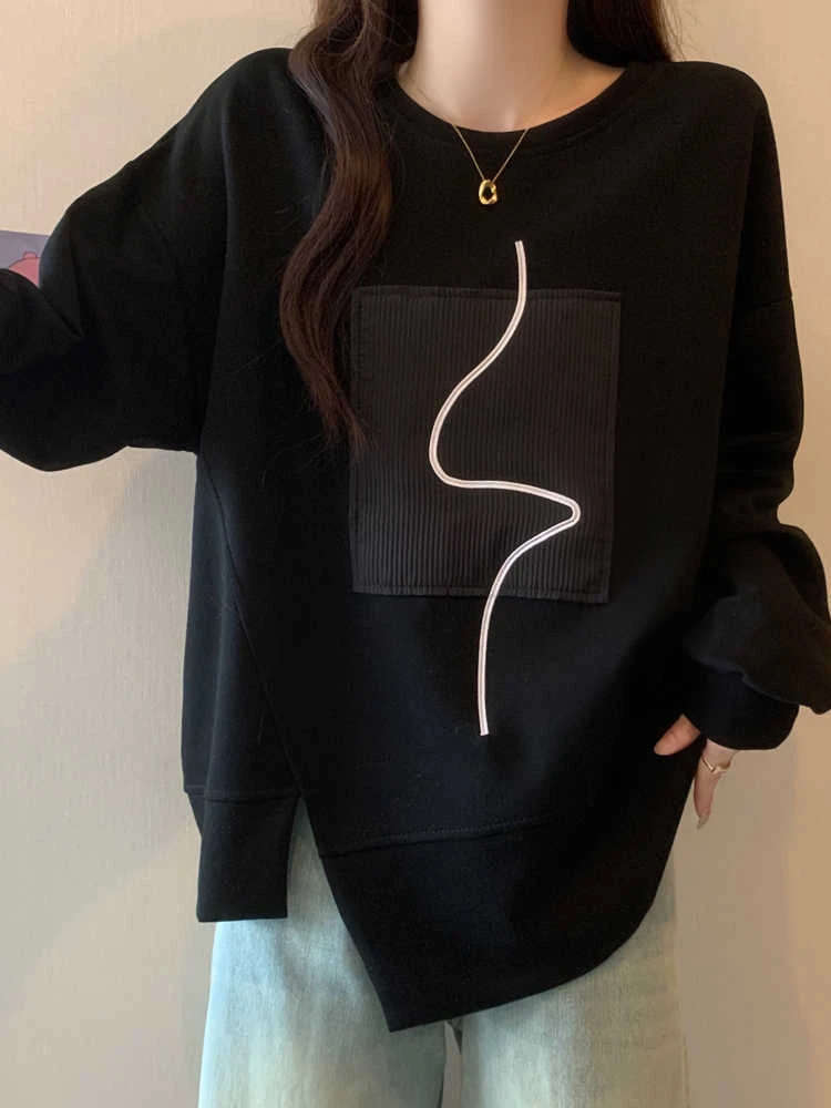春秋特大码300斤胖MM宽松不规则长袖卫衣女显瘦网红炸街休闲上衣t