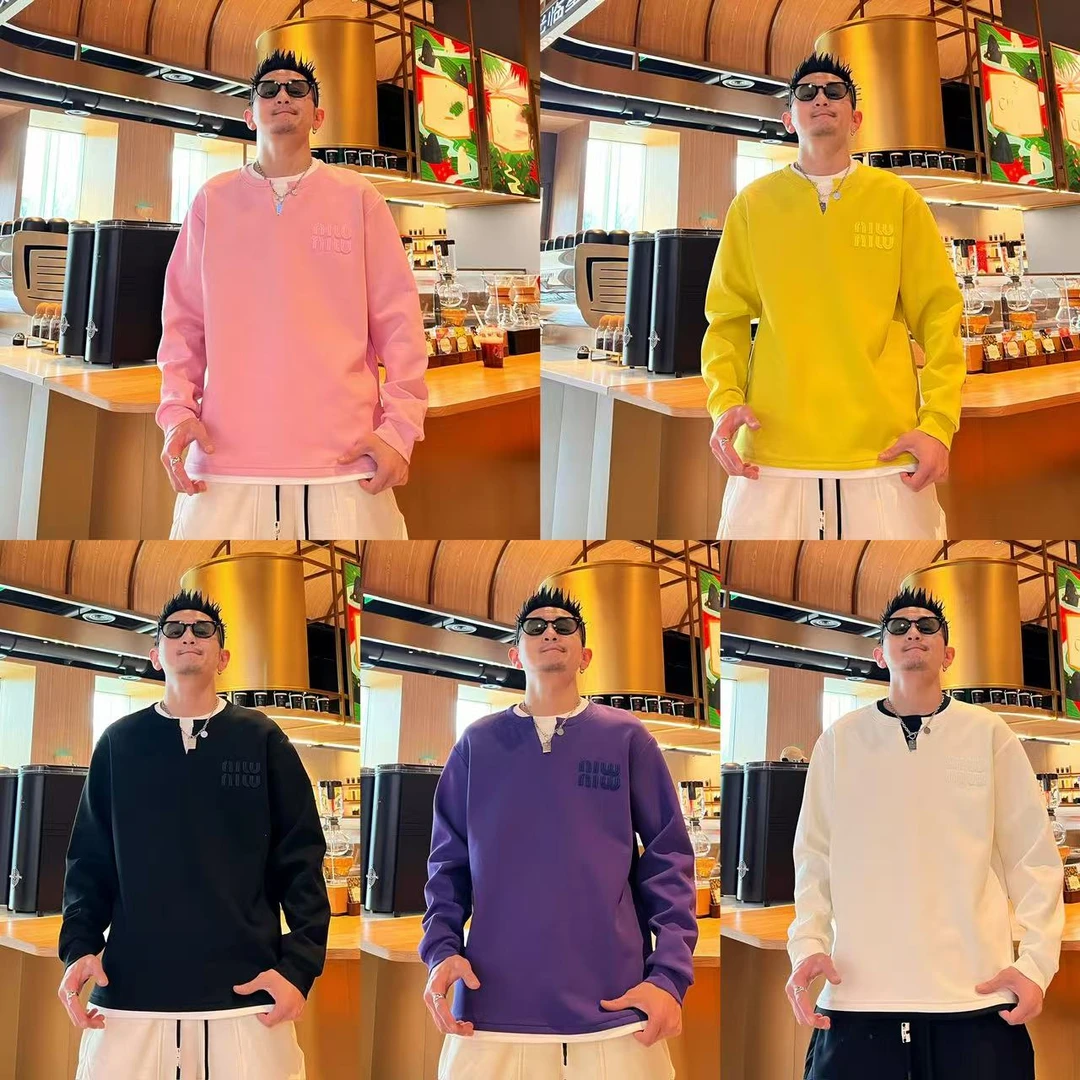 简约休闲潮流个性假两件撞色设计感男女同款套头宽松贴布字母卫衣