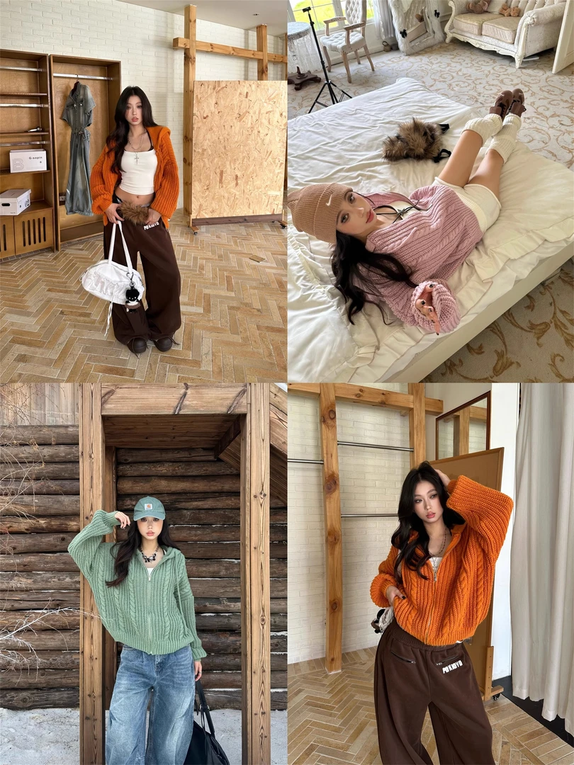 BINXLAN秋冬美式慵懒风麻花针织衫连帽毛衣外套女宽松百搭多巴胺