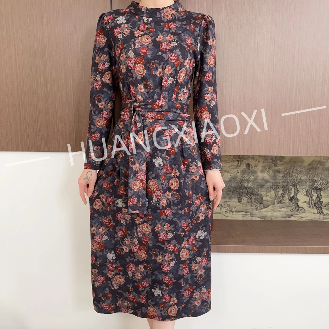 HUANGXIAOXI 蓝底蔷薇花秋冬收腰气质显瘦连衣裙ZF-1252
