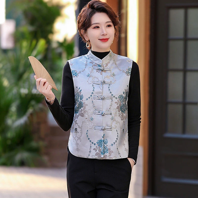 2025新款盘扣中式刺绣国风秋冬马甲背心提花上衣百搭春秋短款外套