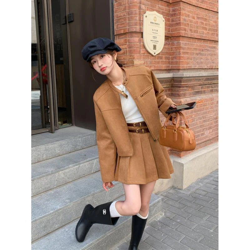 高级感时尚套装女2025新款秋季美拉德穿搭一整套盐系百褶裙两件套