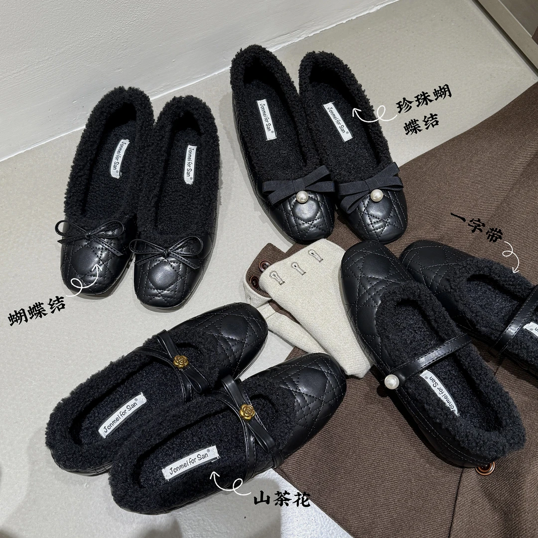 增高3cm~小香风珍珠山茶花玛丽珍鞋圆头蝴蝶结保暖加绒毛毛单鞋女