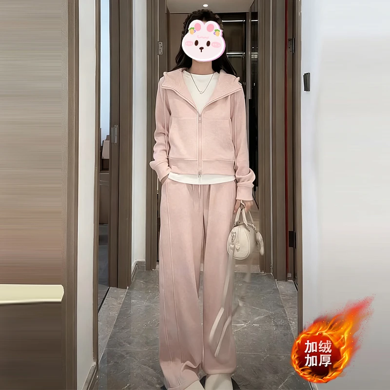 韩版加绒加厚时尚套装女2025冬季新款连帽卫衣休闲裤子两件套潮