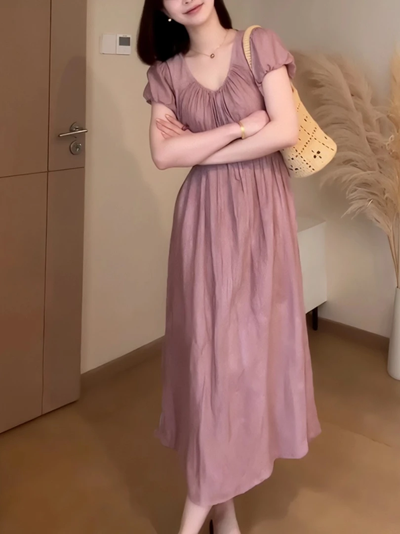 2025夏季新款女装宽松显瘦短袖中长款气质简约韩版蝴蝶结连衣裙子