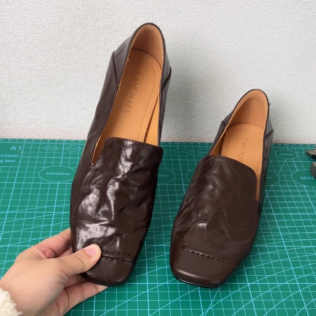 Elingjk/4cm羊皮中口单鞋女软底通勤方头粗跟一脚蹬乐福鞋时尚百